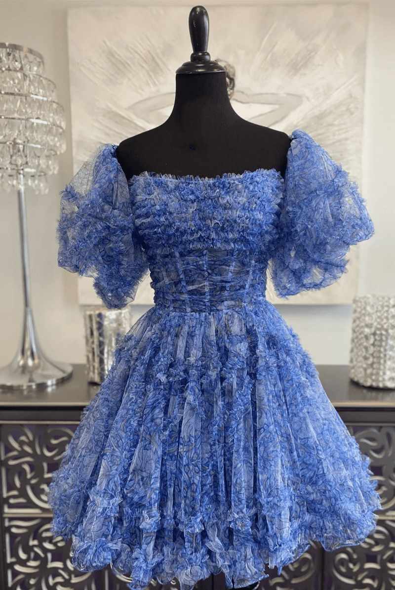 Hanni | Blue Puff Sleeves Ruffles A-line Prints Homecoming Dress