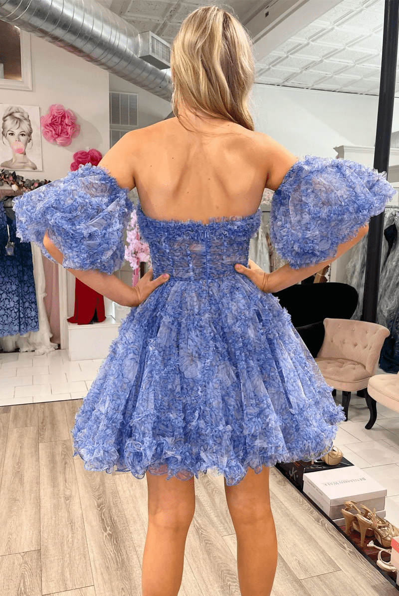 Hanni | Blue Puff Sleeves Ruffles A-line Prints Homecoming Dress