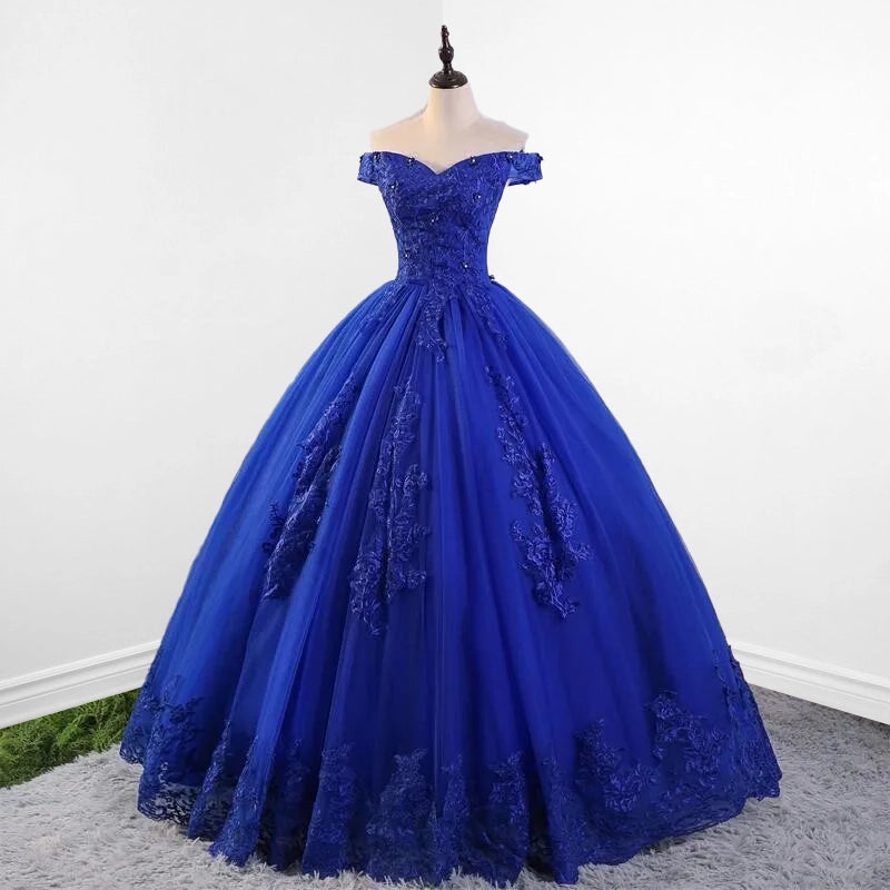 Royal Blue Lace Off the Shoulder Quinceanera Dresses with Flowers