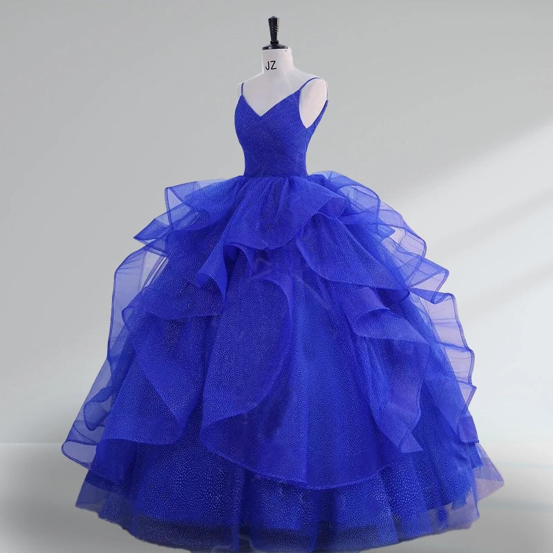 Royal Blue Spaghetti Strap Quinceanera Dresses V-neck with Ruffles