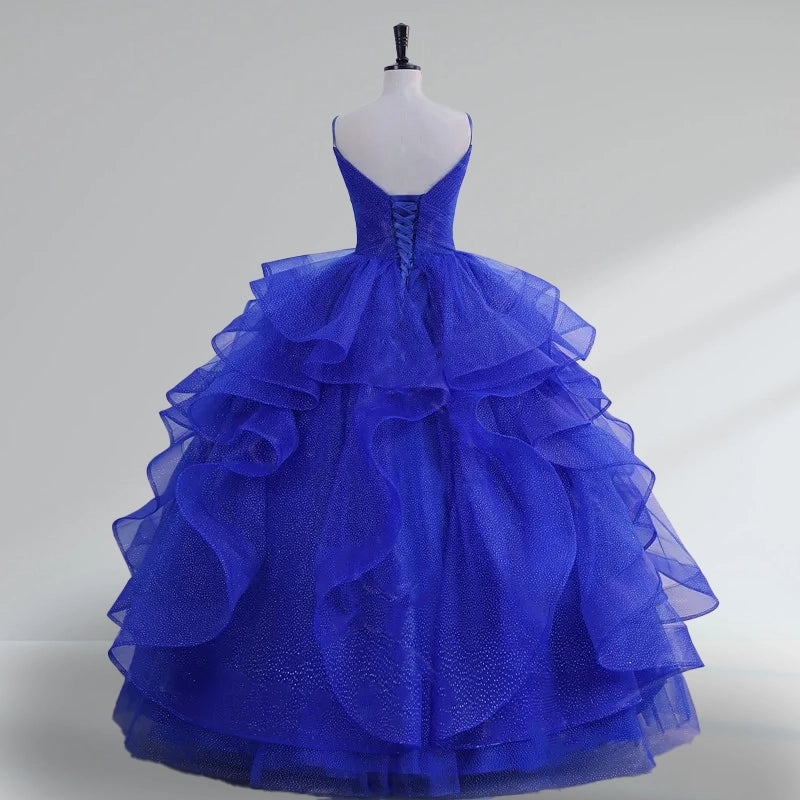 Royal Blue Spaghetti Strap Quinceanera Dresses V-neck with Ruffles