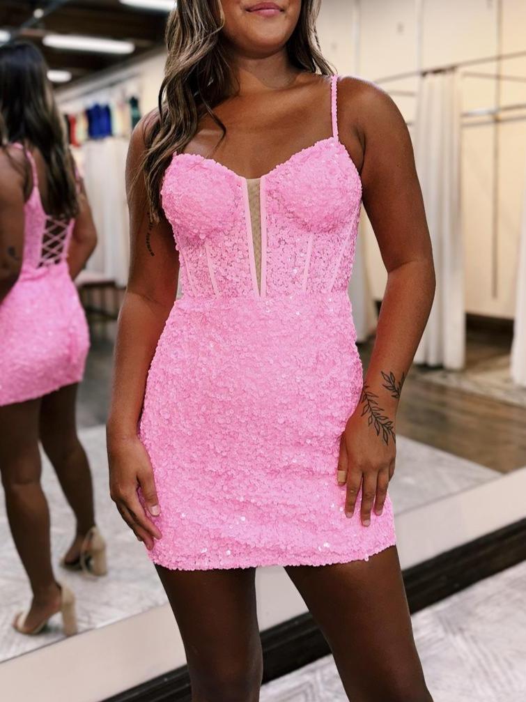 Vespera | Blue Sequin Scoop Neck Lace-Up Short Tight Homecoming Dress