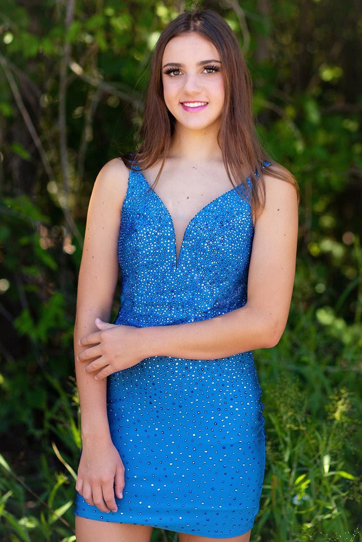 Sheath Blue Beaded Plunging Short Homecoming Dress