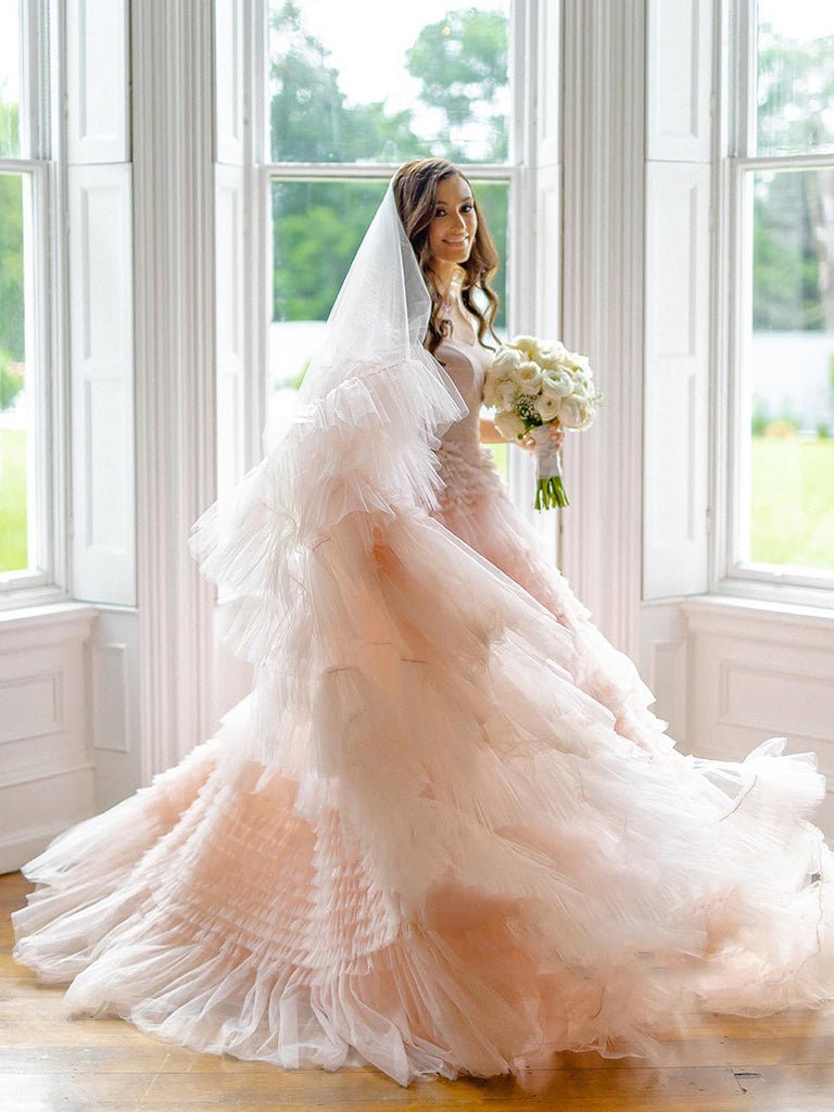 Blush Pink Pleated Cathedral Veils with Blusher