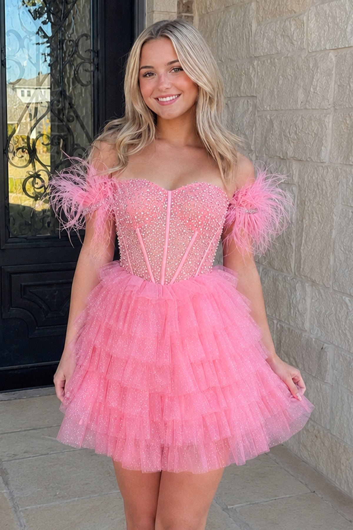 KissProm A Line Off the Shoulder Homecoming Dress with Beading, Blush Pink / 00
