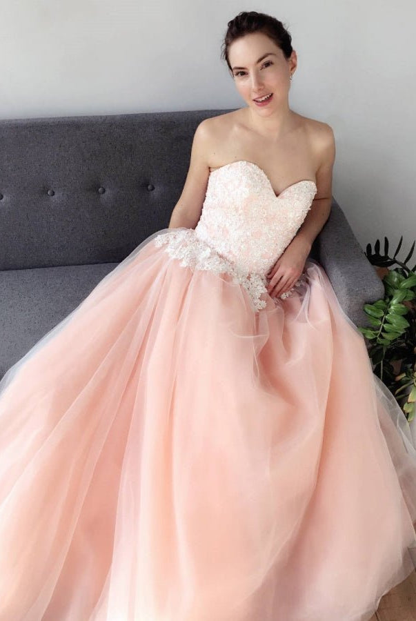 Blush Pink Sweetheart A-Line Tulle Skirt Appliques Wedding Dresses