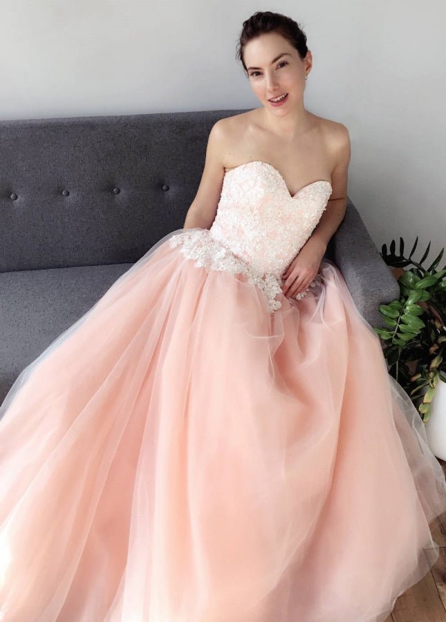 Blush Pink Sweetheart A-Line Tulle Skirt Appliques Wedding Dresses