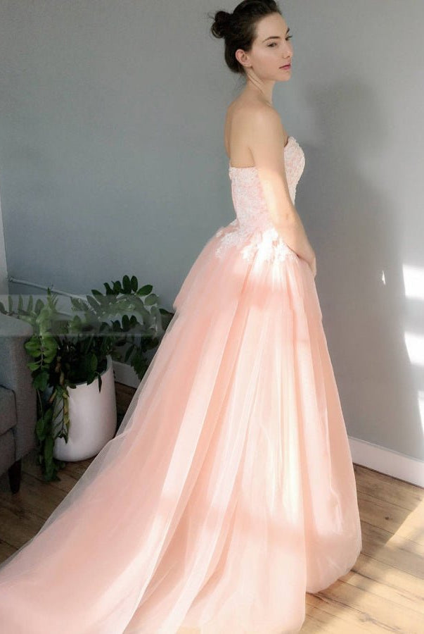 Blush Pink Sweetheart A-Line Tulle Skirt Appliques Wedding Dresses