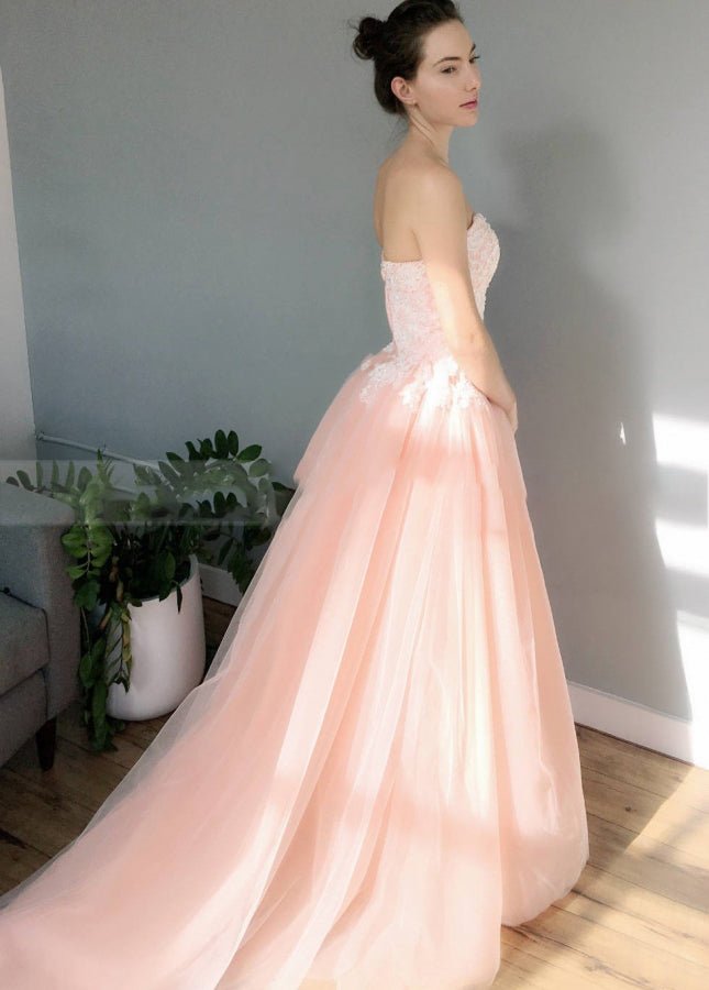 Blush Pink Sweetheart A-Line Tulle Skirt Appliques Wedding Dresses