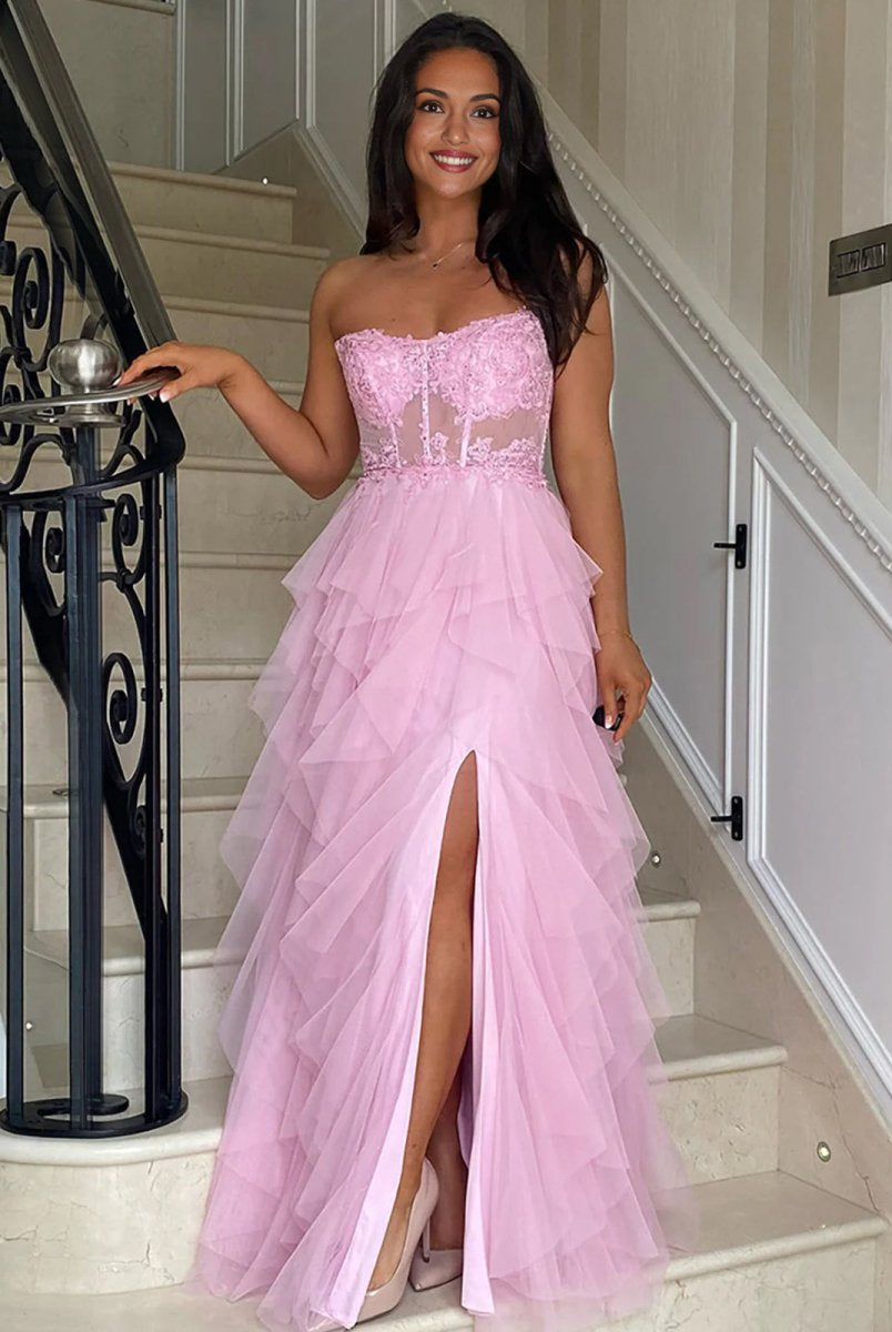 Adella | A-Line Tulle Blush Tiered Long Corset Strapless Prom Dress with Appliques