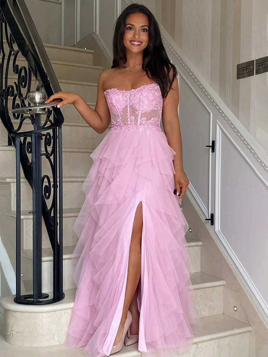 A-Line Tulle Blush Tiered Long Corset Strapless Prom Dress with Appliques, Black / 4 A-Line Tulle Blush Tiered Long Corset Strapless Prom Dress with Appliques, Black / 4