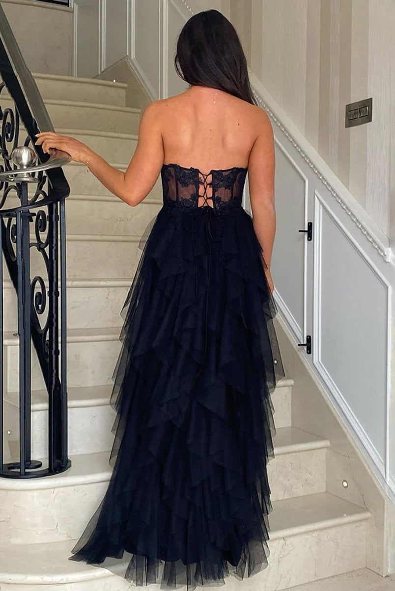 Adella | A-Line Tulle Blush Tiered Long Corset Strapless Prom Dress with Appliques