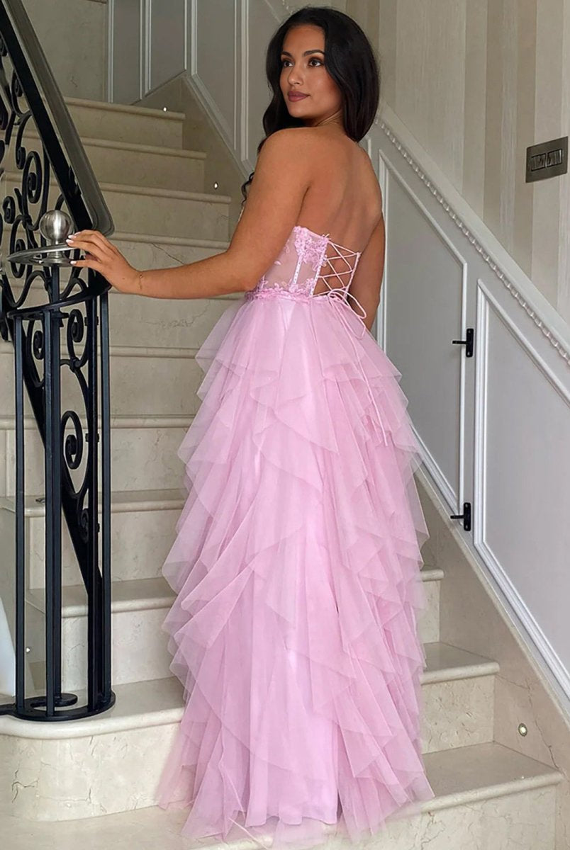 Adella | A-Line Tulle Blush Tiered Long Corset Strapless Prom Dress with Appliques