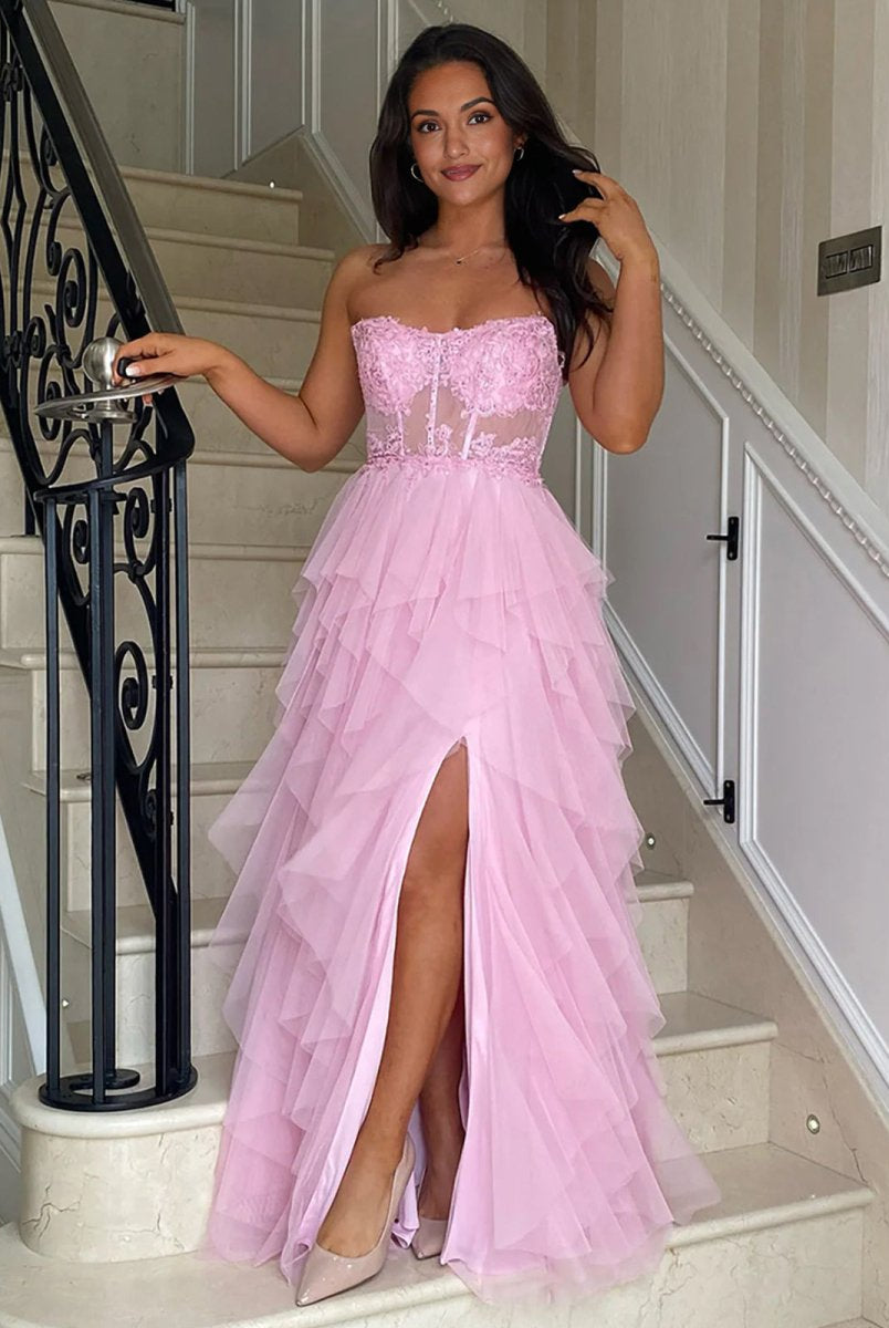 Adella | A-Line Tulle Blush Tiered Long Corset Strapless Prom Dress with Appliques