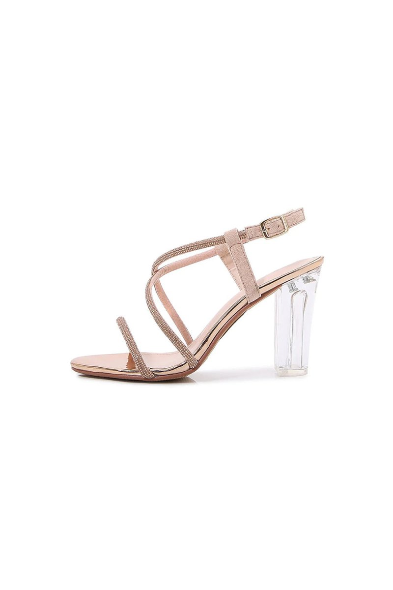 Chunky Heel Rhinestone Sandals White Lambskin