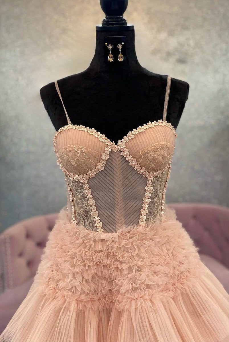 Averi | Blushing Pink Tulle Ruffle Layers Lace - Up Back A - Line Prom Dress - KissProm