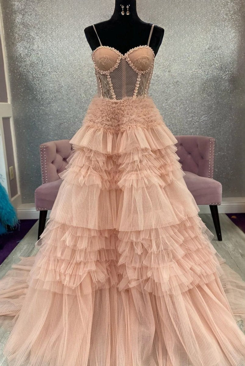 Averi | Blushing Pink Tulle Ruffle Layers Lace - Up Back A - Line Prom Dress - KissProm