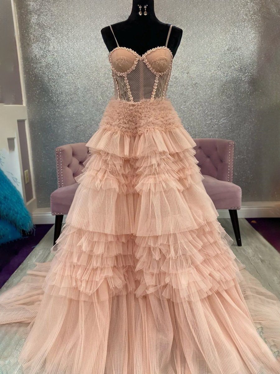 Averi | Blushing Pink Tulle Ruffle Layers Lace - Up Back A - Line Prom Dress - KissProm