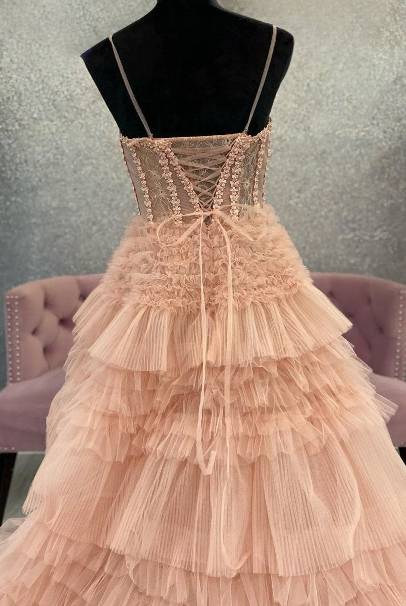 Averi | Blushing Pink Tulle Ruffle Layers Lace - Up Back A - Line Prom Dress - KissProm