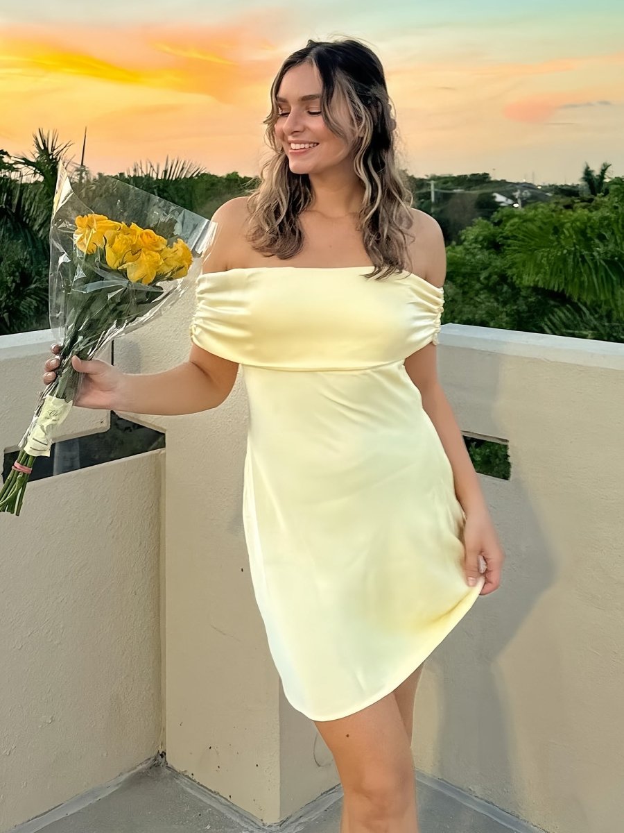 Blyndie | Yellow - Off The Shoulder Satin A Line Homecoming Dress