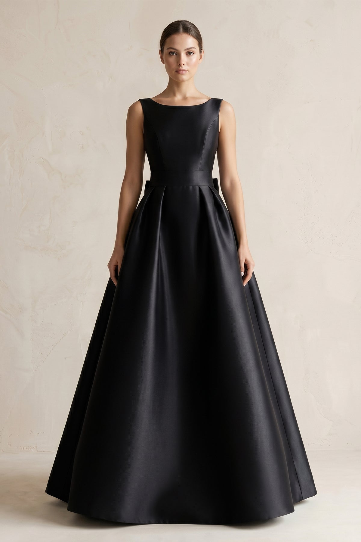 KissProm Boat Neck Satin A-Line Wedding Dress with Bow in Black, Black / 18