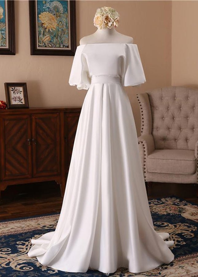 Off-the-Shoulder Simple White Satin Wedding Dress with Half Sleeves Off-the-Shoulder Simple White Satin Wedding Dress with Half Sleeves