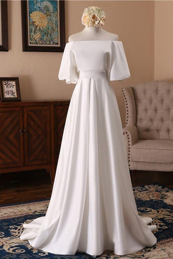 Off-the-Shoulder Simple White Satin Wedding Dress with Half Sleeves