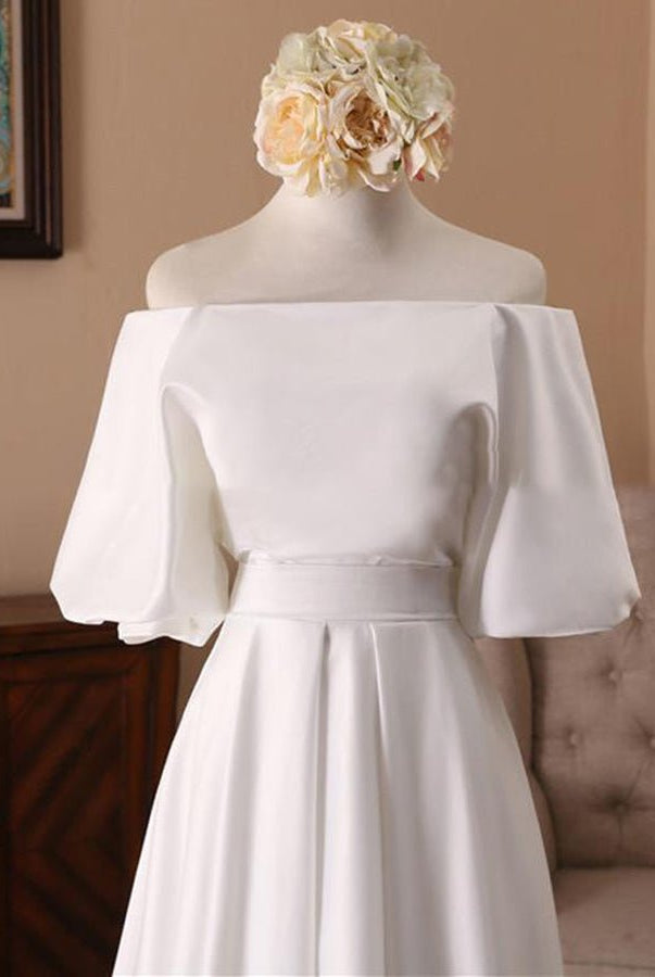 Off-the-Shoulder Simple White Satin Wedding Dress with Half Sleeves