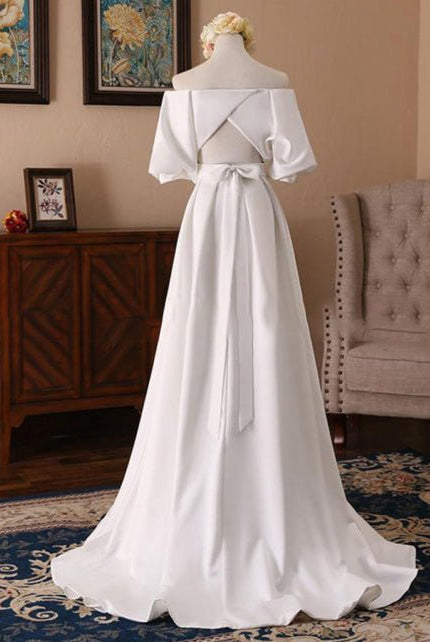 Off-the-Shoulder Simple White Satin Wedding Dress with Half Sleeves