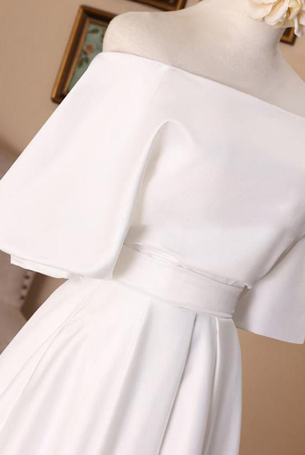 Off-the-Shoulder Simple White Satin Wedding Dress with Half Sleeves