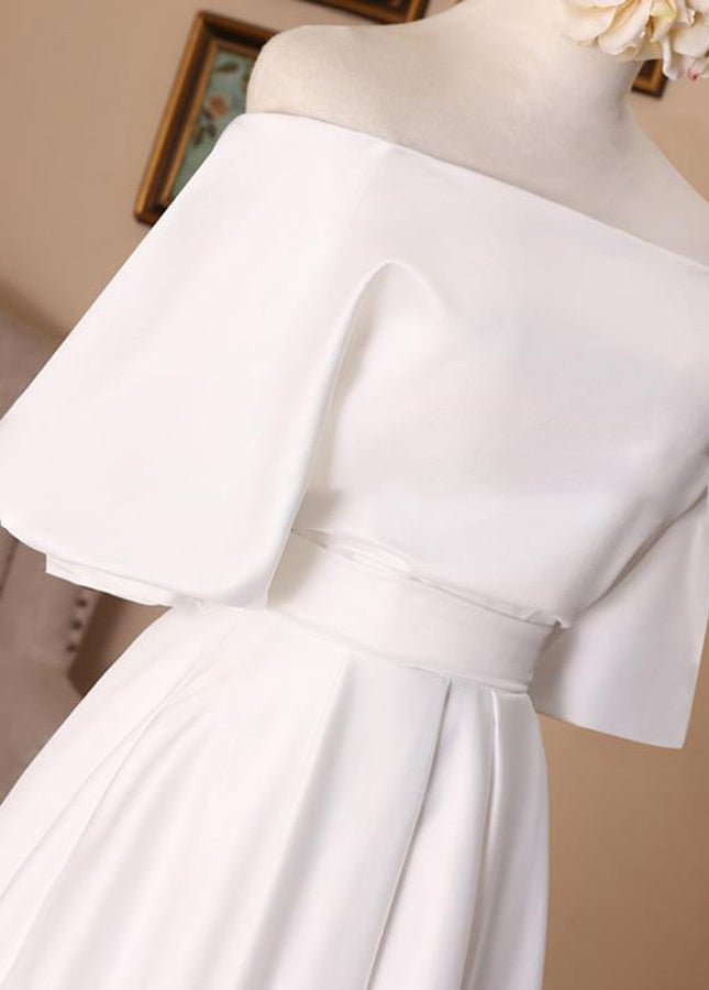 Off-the-Shoulder Simple White Satin Wedding Dress with Half Sleeves