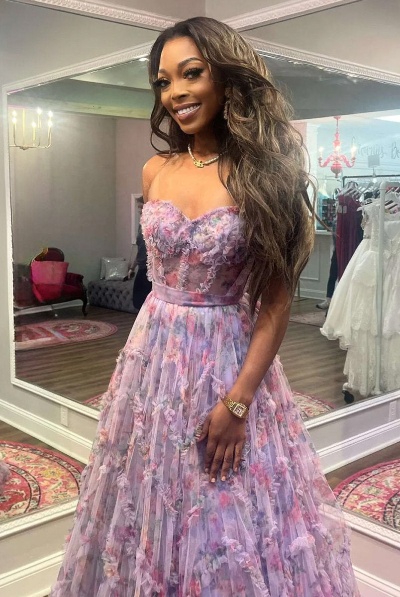 Bobbie | A-Line Sweetheart Purple Floral Print Ruffle Long Prom Dress