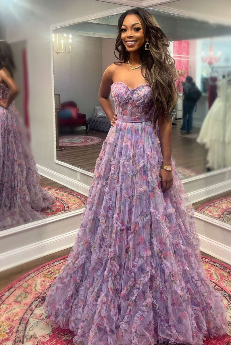 Bobbie | A-Line Sweetheart Purple Floral Print Ruffle Long Prom Dress