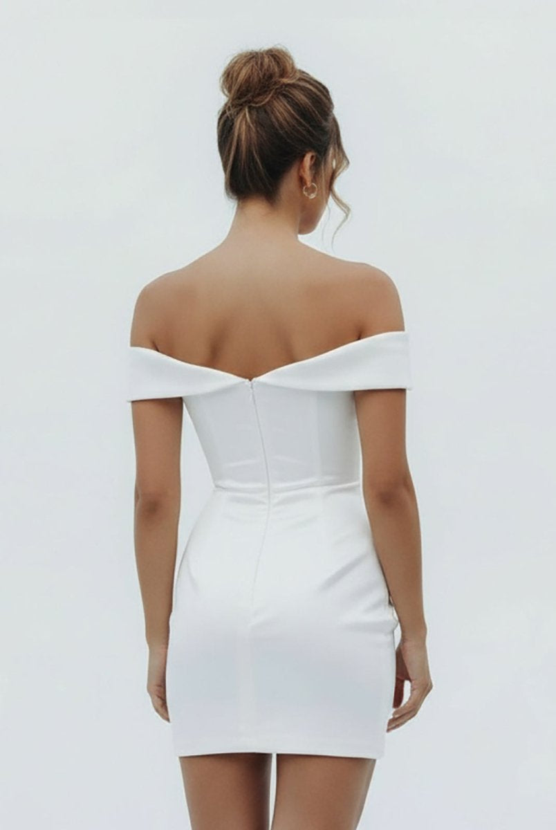 Asteria | Sheath Off - the Shoulder Satin Simple Wedding Dress Sleeveless Short Hemline - KissProm