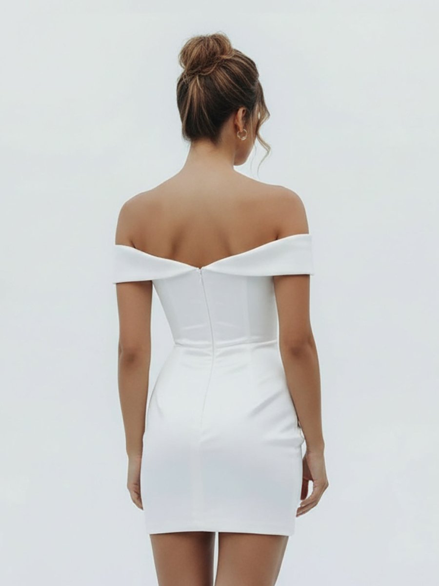 Asteria | Sheath Off - the Shoulder Satin Simple Wedding Dress Sleeveless Short Hemline - KissProm