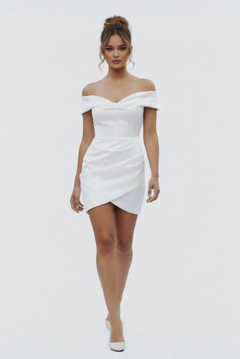 Asteria | Sheath Off - the Shoulder Satin Simple Wedding Dress Sleeveless Short Hemline - KissProm