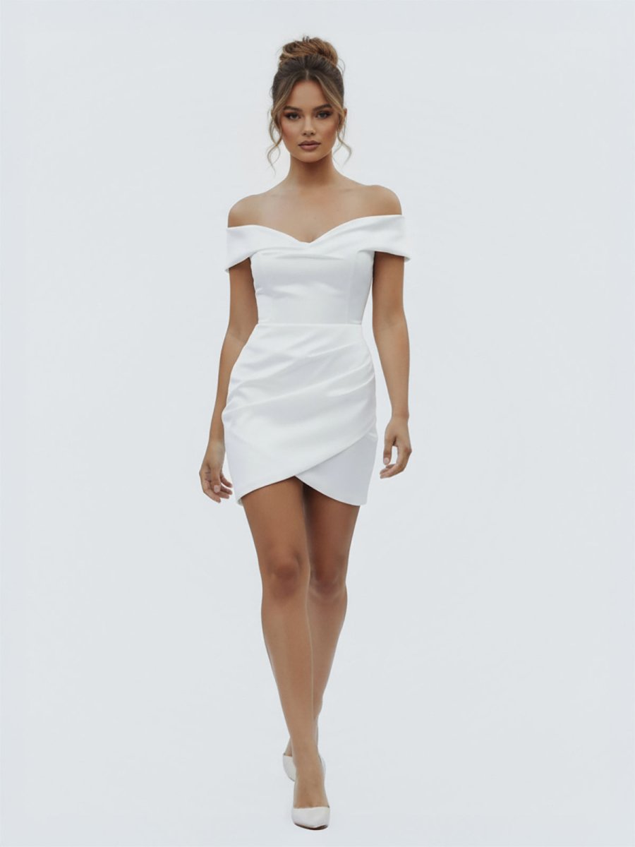 Asteria | Sheath Off - the Shoulder Satin Simple Wedding Dress Sleeveless Short Hemline - KissProm