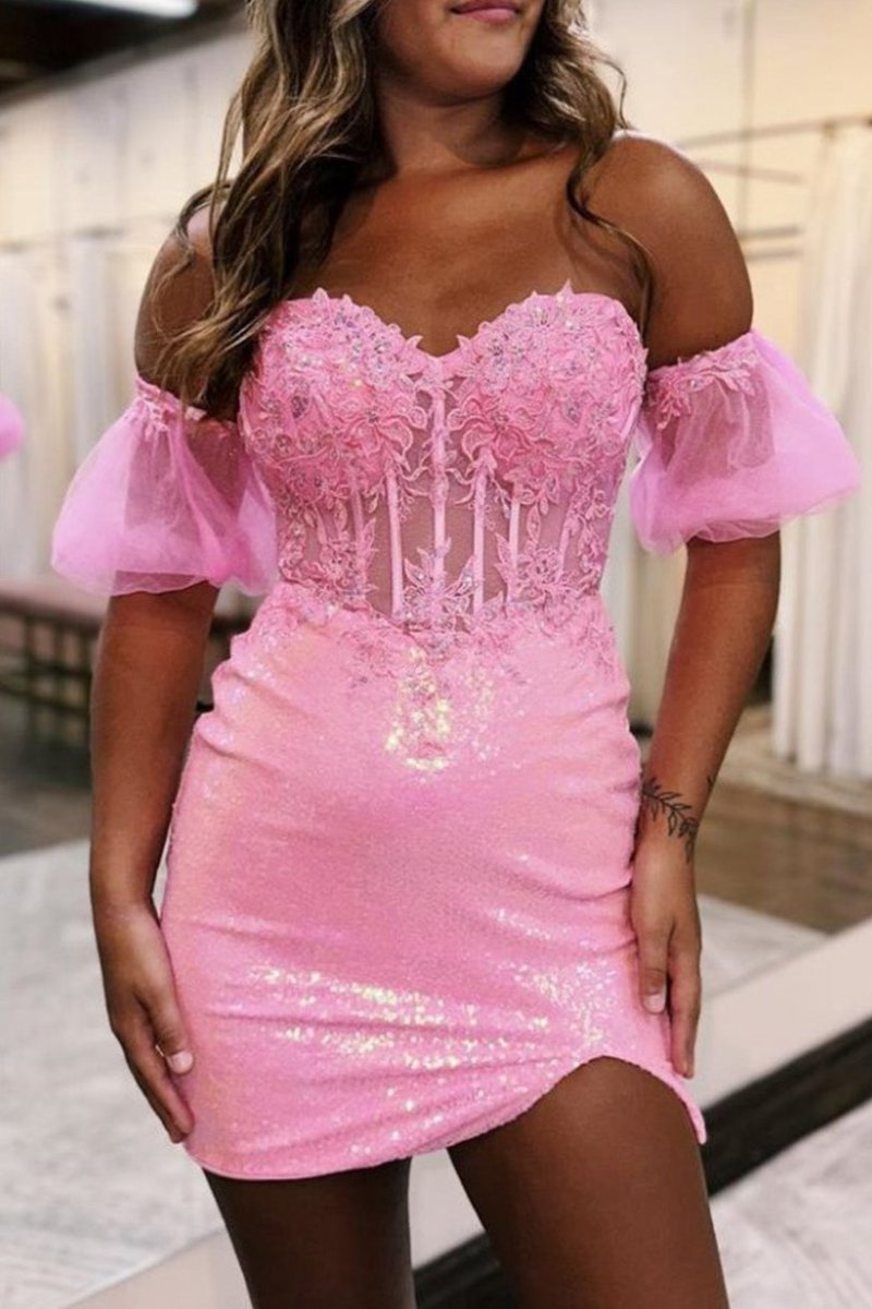 Bodycon Sparkly Sequin Strapless Short Homecoming Dress with Split