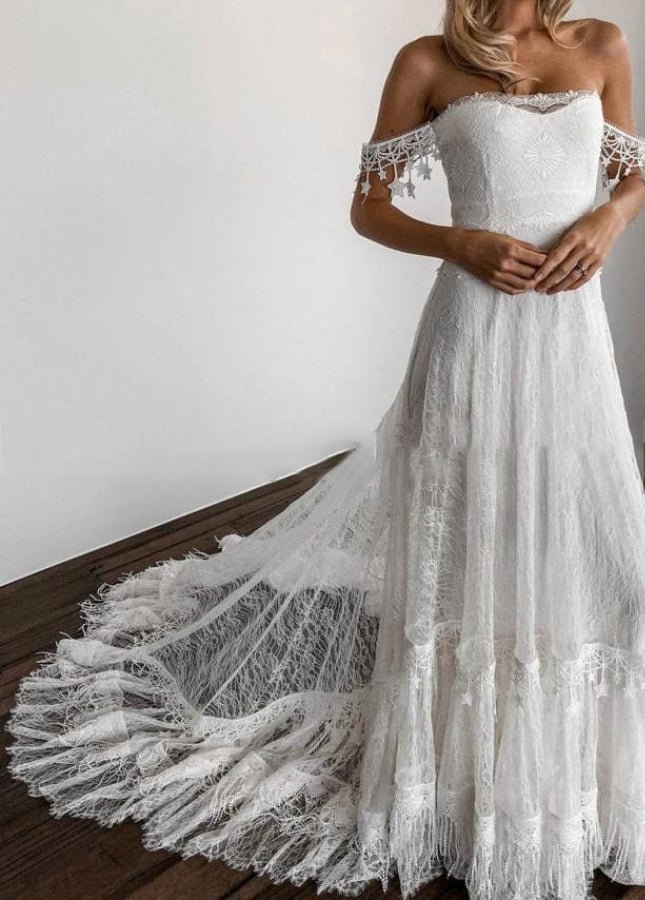 Bohemia Star Tassel Chic Lace Wedding Dress Diamond White / 18