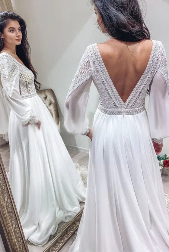 Bohemian Chiffon Backless A - Line Lace Long Sleeves Backless Wedding Dresses - KissProm
