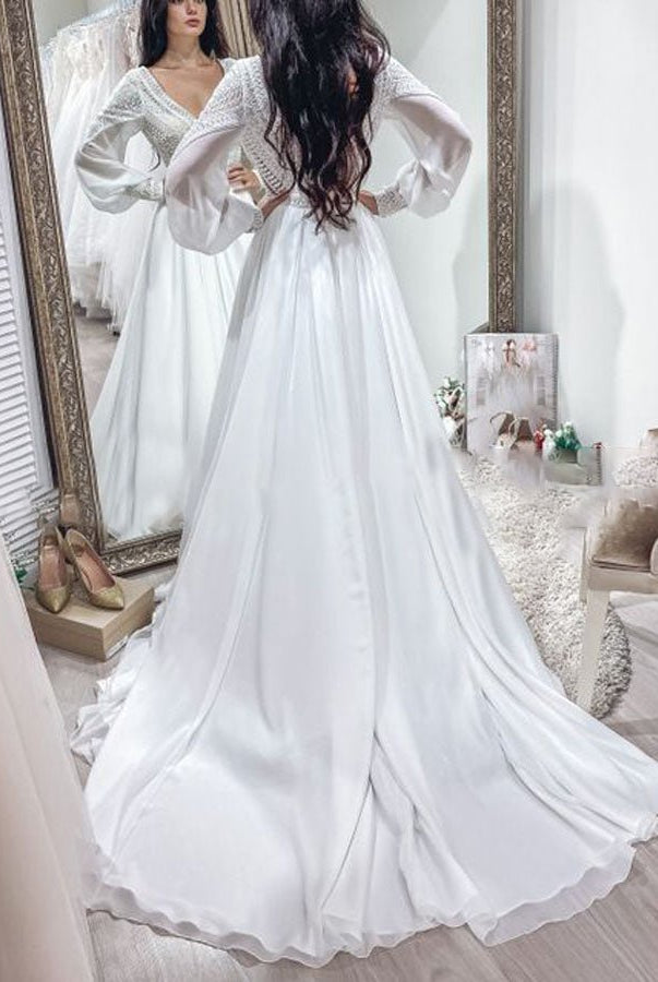 Bohemian Chiffon Backless A - Line Lace Long Sleeves Backless Wedding Dresses - KissProm