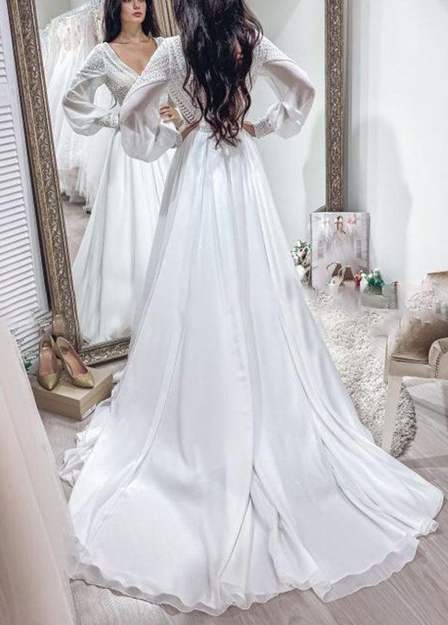 Bohemian Chiffon Backless A - Line Lace Long Sleeves Backless Wedding Dresses - KissProm