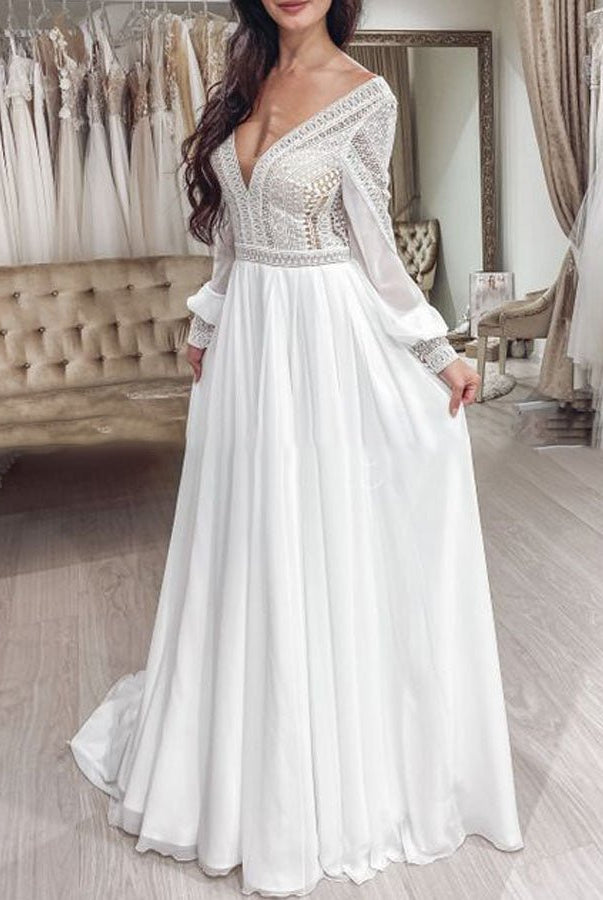 Bohemian Chiffon Backless A - Line Lace Long Sleeves Backless Wedding Dresses - KissProm