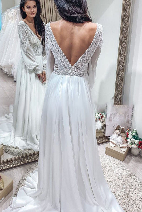 Bohemian Chiffon Backless A - Line Lace Long Sleeves Backless Wedding Dresses - KissProm
