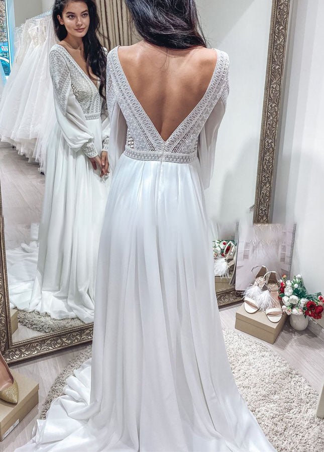 Bohemian Chiffon Backless A - Line Lace Long Sleeves Backless Wedding Dresses - KissProm