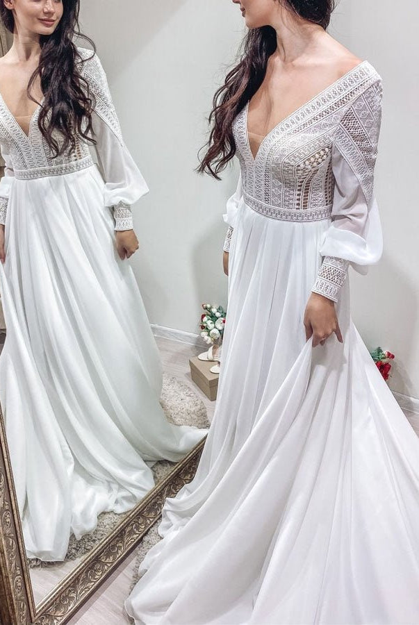 Bohemian Chiffon Backless A - Line Lace Long Sleeves Backless Wedding Dresses - KissProm