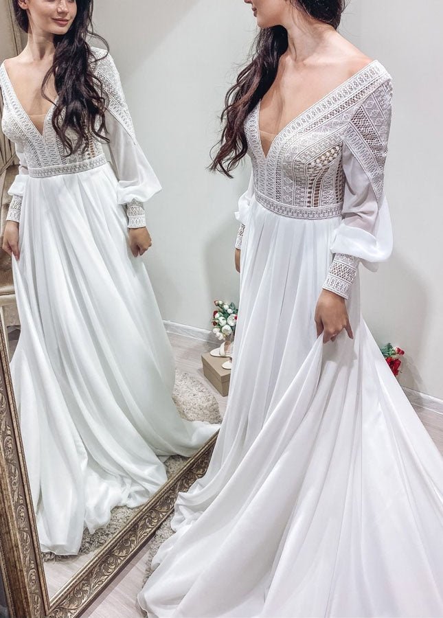 Bohemian Chiffon Backless A - Line Lace Long Sleeves Backless Wedding Dresses - KissProm