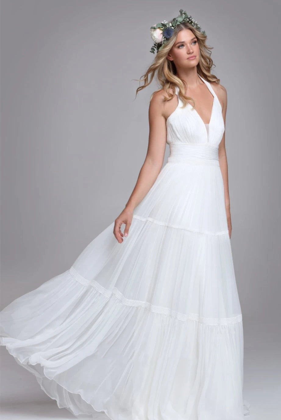 Bohemian Halter A Line Tulle Brush Train Wedding Dress with Ruching