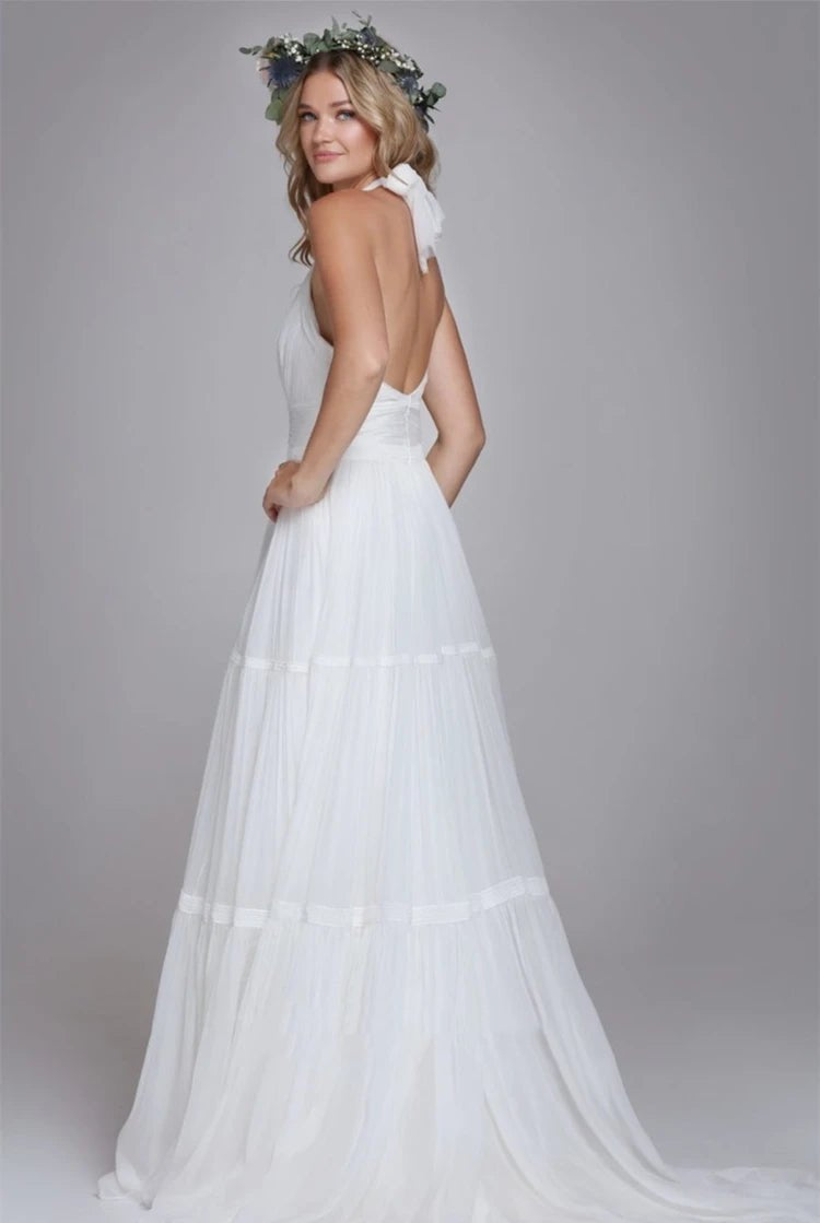 Bohemian Halter A Line Tulle Brush Train Wedding Dress with Ruching