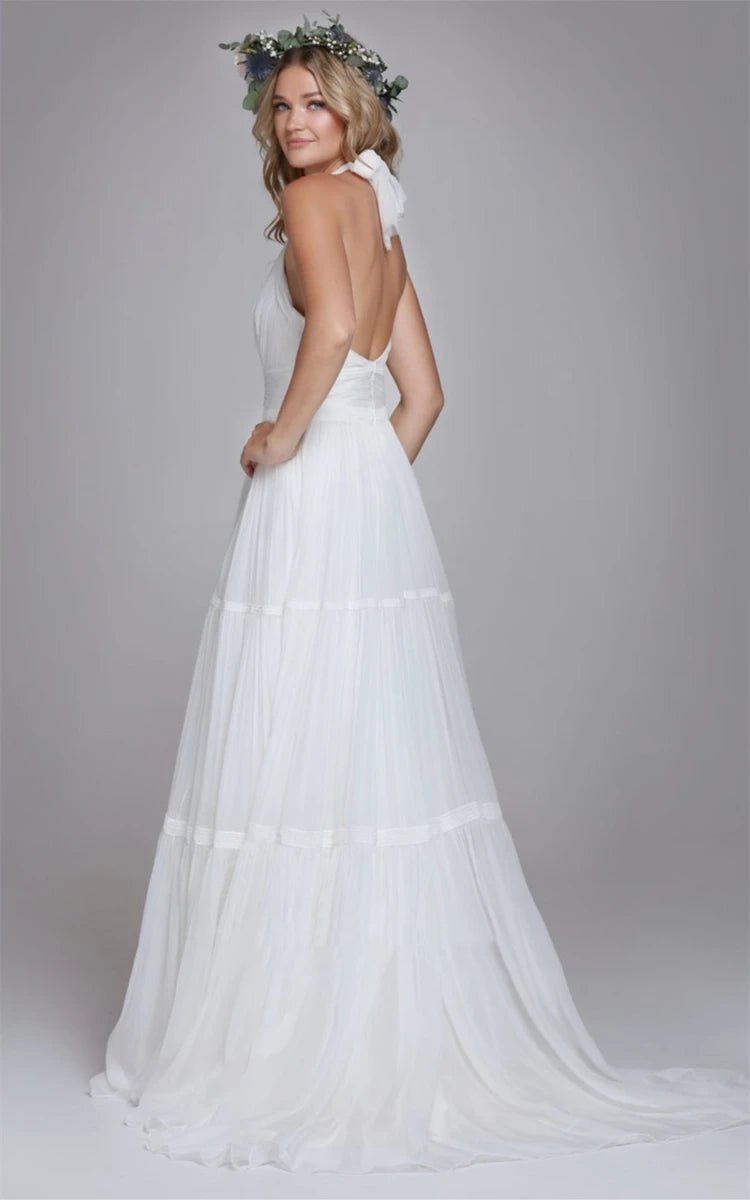 Bohemian Halter A Line Tulle Brush Train Wedding Dress with Ruching